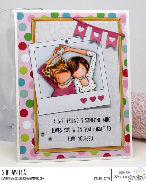 www.stampingbella.com: RUBBER STAMPS USED: SNAPSHOTS I HEART YOU, CORKBOARD BACKDROP, card by MICHELE BOYER