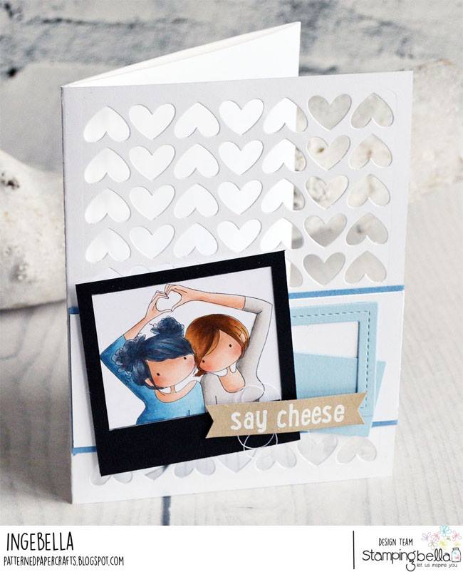 www.stampingbella.com:  RUBBER STAMP USED: UPTOWN GIRL SNAPSHOTS I HEART YOU and POLAROID  CUT IT OUT DIE card by Inge Groot