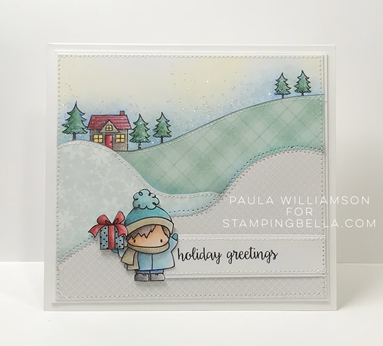 all rubber stamps available at www.stampingbella.com : rubber stamps used here: WINTER BACKDROP and LITTLE BITS FIGURE SKATERS and Holiday sentiments set . card by Paula Williamson