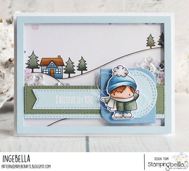 www.stampingbella.com: RUBBER STAMPS USED: LITTLE BITS FIGURE SKATERS, WINTER BACKDROP, UNICORN SENTIMENT SET card by INGE GROOT