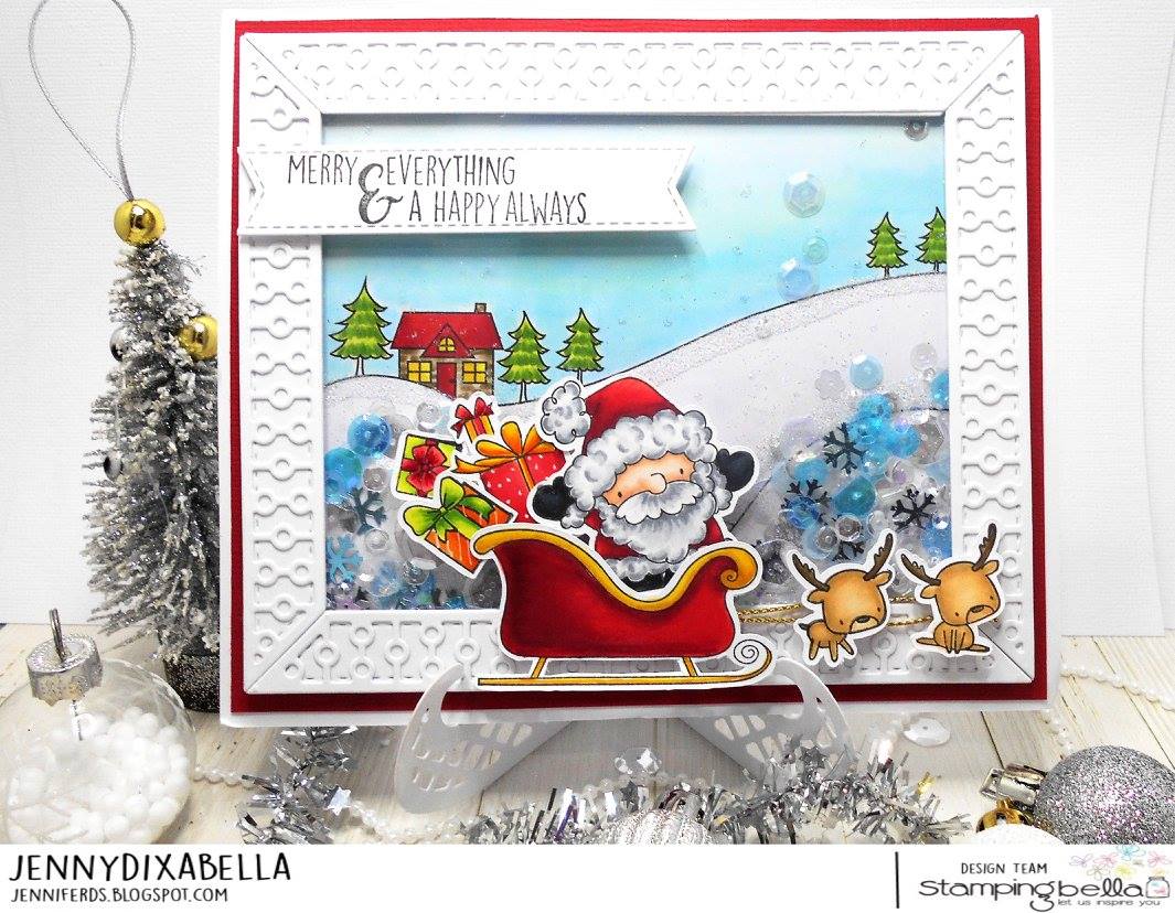 all rubber stamps available at www.stampingbella.com : rubber stamps used here: WINTER BACKDROP and LITTLE BITS SANTA'S GIFTS set AND CUT IT OUT DIE . card by Jenny Dix