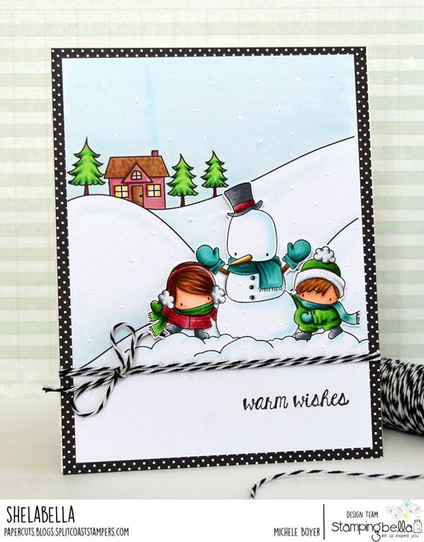 all rubber stamps available at www.stampingbella.com : rubber stamps used here: WINTER BACKDROP and THE LITTLES SNOWMAN LOVE RUBBER STAMP and Holiday sentiments set . card by MICHELE BOYER