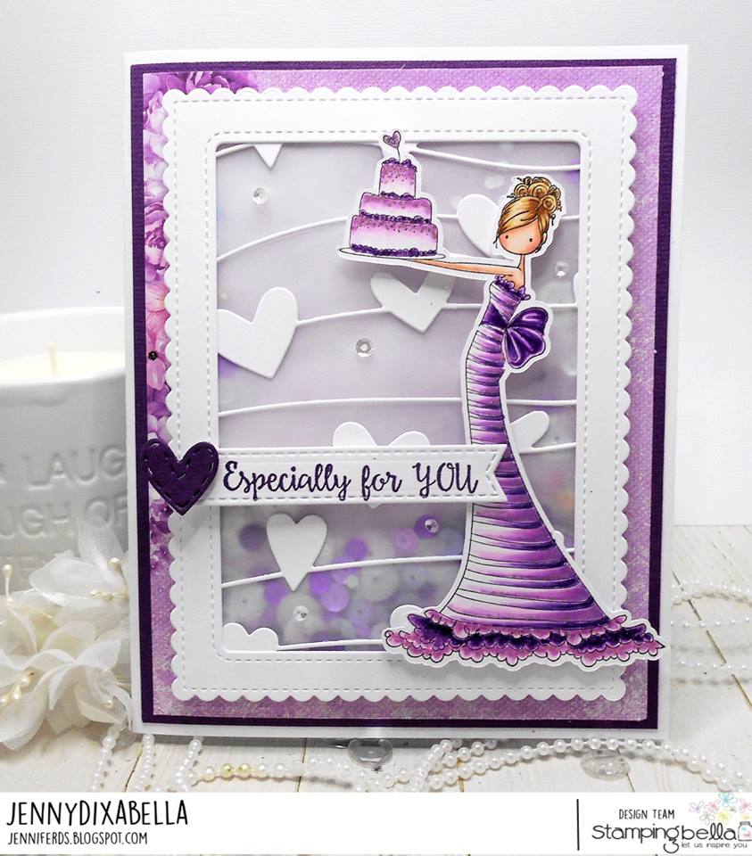all stamps and CUT IT OUT dies are available at www.stampingbella.com- Stamp used UPTOWN GIRL BRITTANY the BIRTHDAY GIRL, card by Jenny Dix