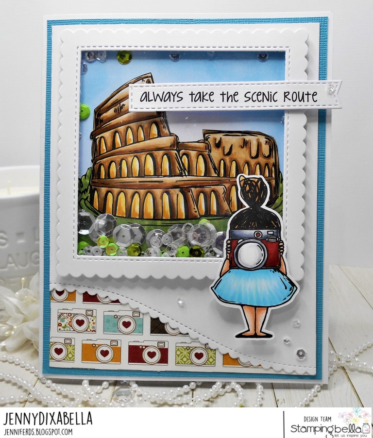 www.stampingbella.com: Rubber stamps used: Rosie and Bernie's Colosseum, A tale of TWO rosies, Adventure Sentiment Set CARD BY JENNY DIX