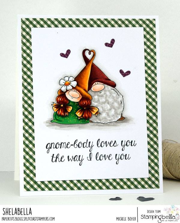www.stampingbella.com:  Rubber stamp used: LOVEY GNOMES card by Michele Boyer