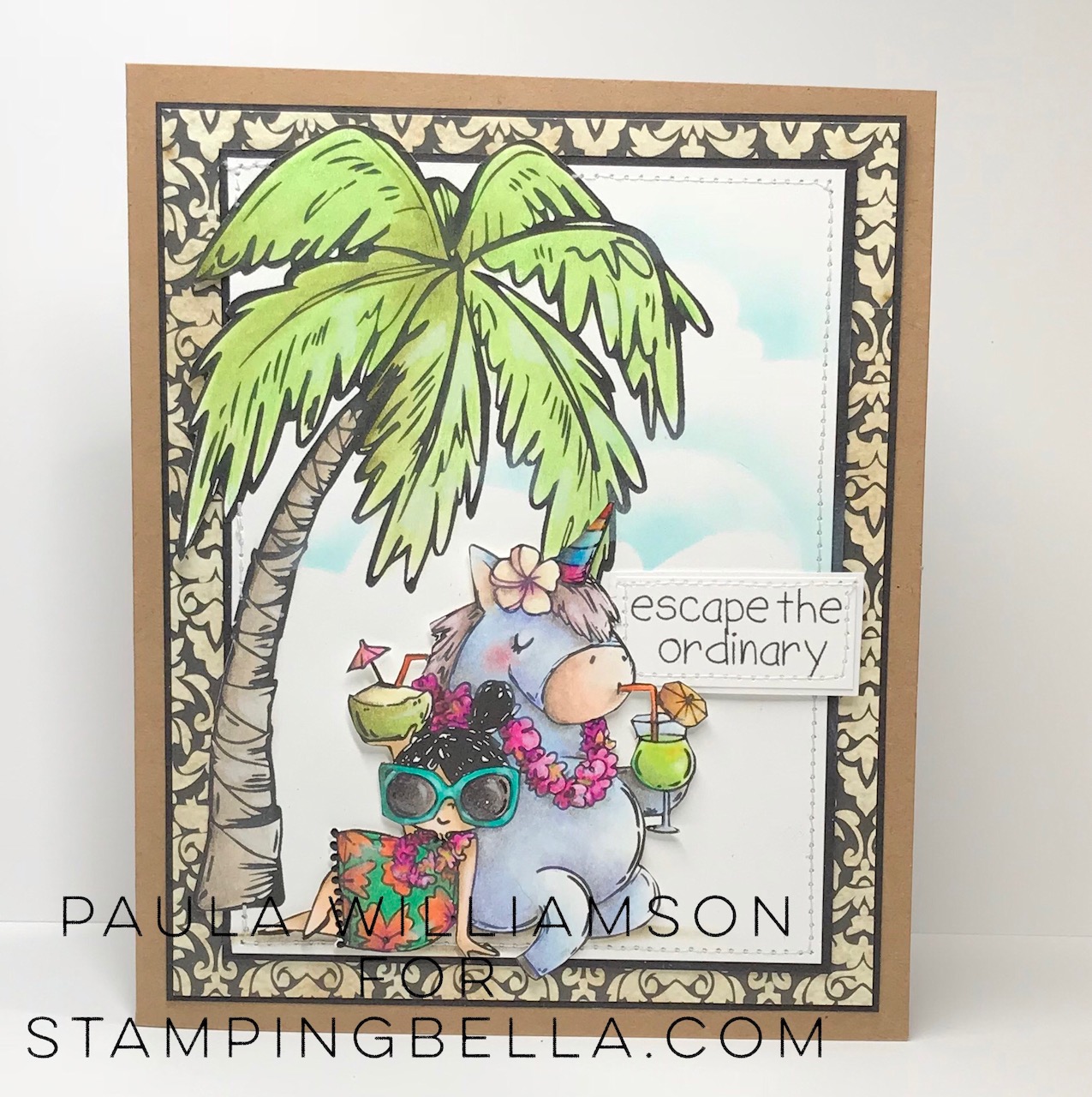 www.stampingbella.com: Rubber stamps used: Rosie and Bernie in Hawaii, Rosie and Bernie's PALM TREE, and our Adventure Sentiment Set CARD BY Paula Williamson