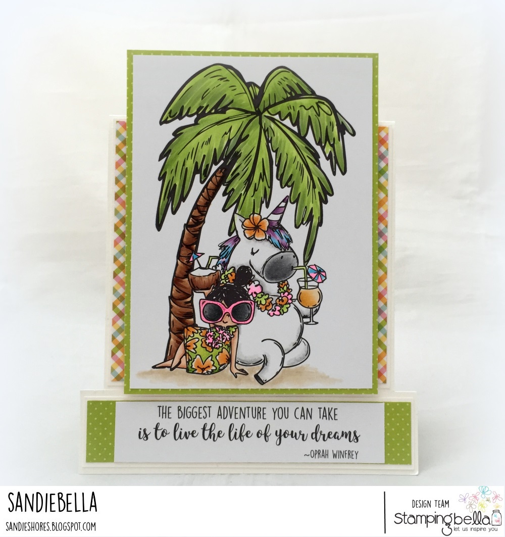 www.stampingbella.com: Rubber stamps used: Rosie and Bernie in Hawaii, Rosie and Bernie's PALM TREE, and our Adventure Sentiment Set CARD BY Sandie Dunne