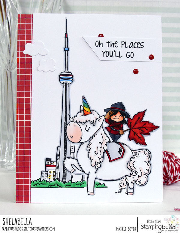 www.stampingbella.com: Rubber stamp used: Rosie and Bernie's CN TOWER and ROSIE AND BERNIE IN CANADA Card by Michele Boyer