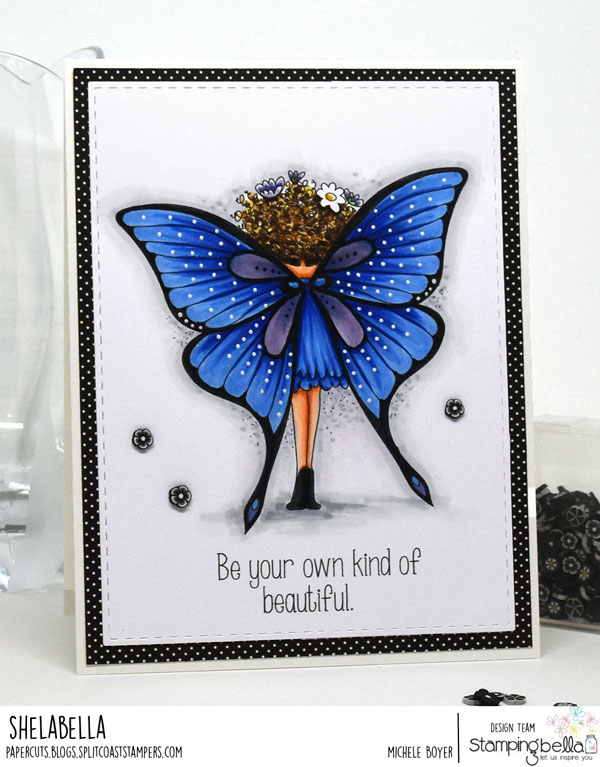 www.stampingbella.com: rubber stamp used : Tiny Townie butterfly girl BABETTE card by Michele Boyer