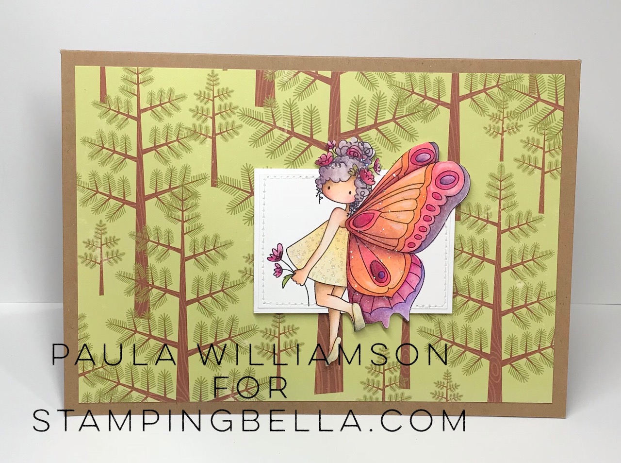 www.stampingbella.com: rubber stamp used : Tiny Townie butterfly girl Brianna , card by Paula Williamson