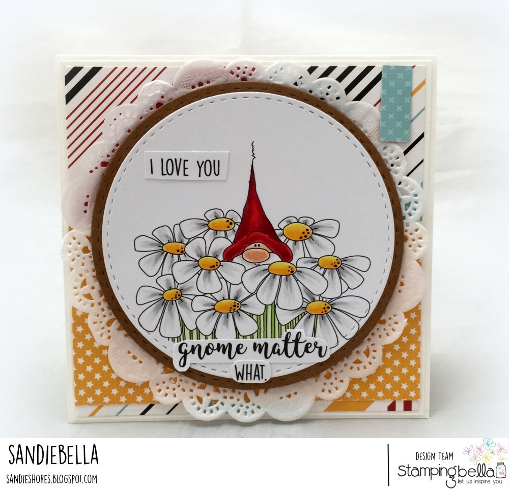 www.stampingbella.com: Rubber stamp: GNOME BOUQUET, card made by Sandie Dunne