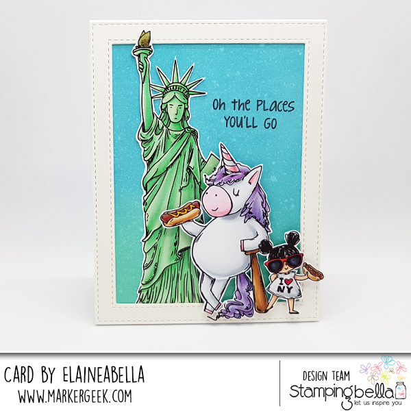 www.stampingbella.com: Rubber stamp used ROSIE AND BERNIE in NEW YORK CITY, ROsie and Bernie's Statue of Liberty , Adventure Sentiment set. Card by Elaine Hughes