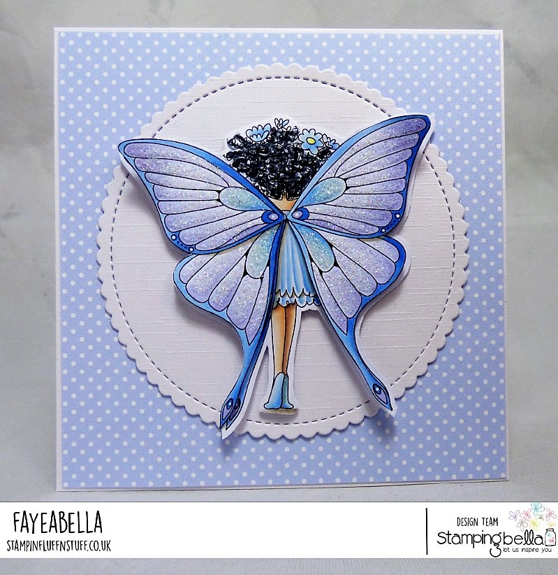 www.stampingbella.com: rubber stamp used : Tiny Townie butterfly girl BABETTE card by Faye Wynn Jones