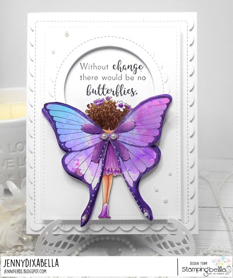 www.stampingbella.com:  rubber stamp used: TINY TOWNIE BUTTERFLY GIRL BABETTE and a sentiment from our BUTTERFLY SENTIMENT SET. Card by Jenny Dix