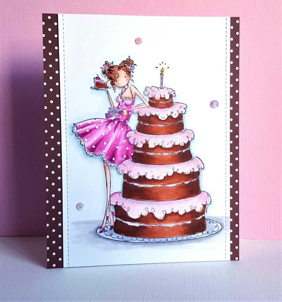 www.stampingbella.com: Rubber stamp used: UPTOWN GIRL BIANCA and her BIG CAKE, card by Christine Levison