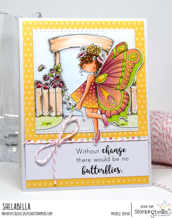 www.stampingbella.com: rubber stamp used : Tiny Townie butterfly girl Brianna and Garden Backdrop, card by Michele Boyer
