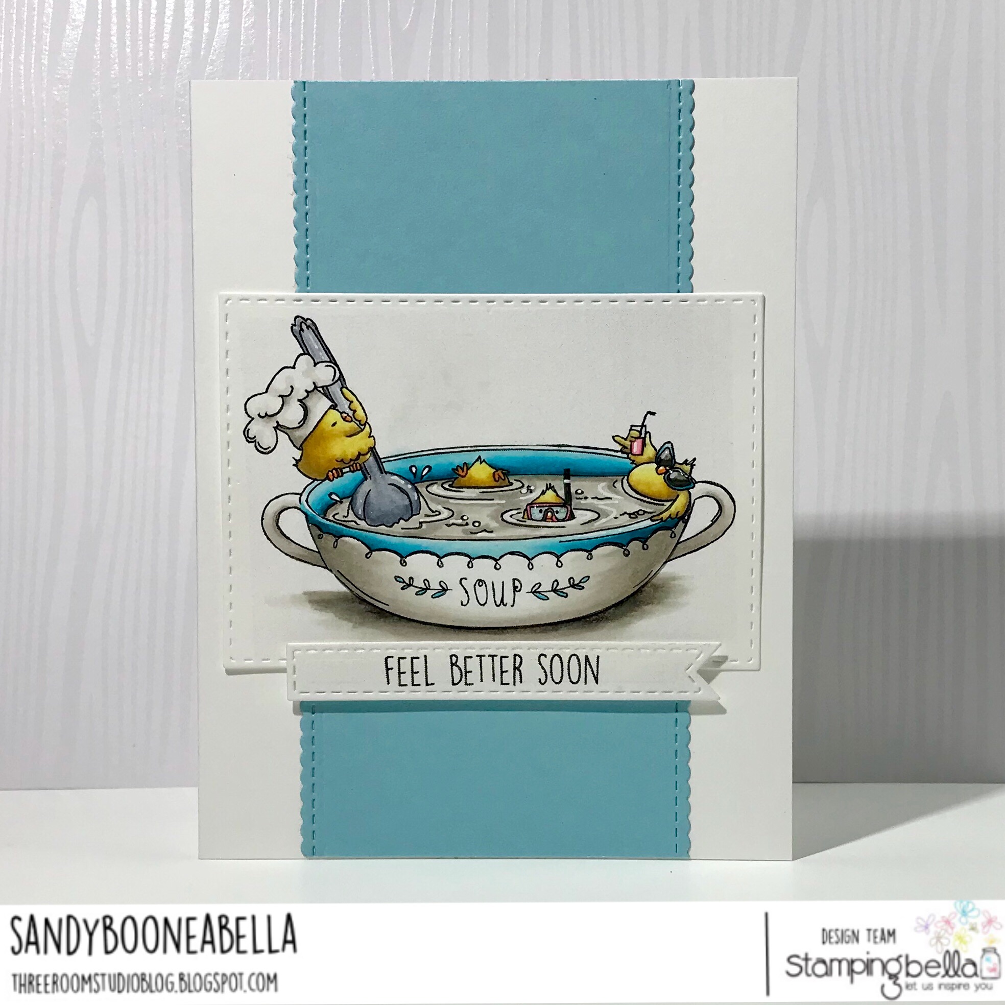 www.stampingbella.com: rubber stamp used: CHICK-en soup, card by Sandy Boone