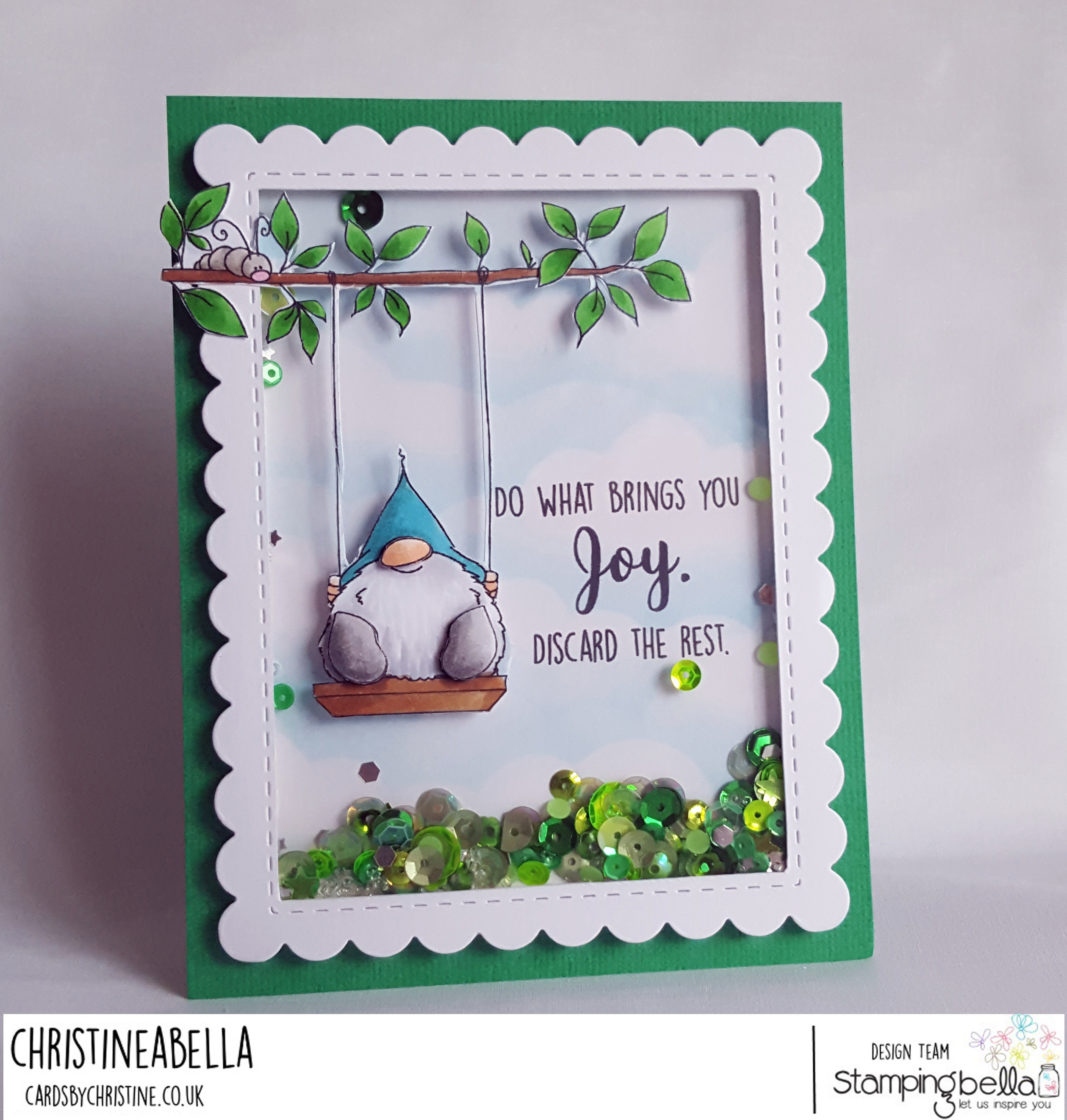 www.stampingbella.com: Rubber stamp: Gnome on a SWING card by CHRISTINE Levison
