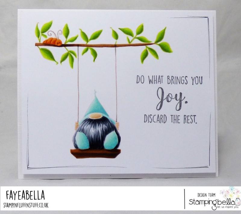 www.stampingbella.com:  rubber stamp used: GNOME ON A SWING. Card by FAYE WYNN JONES