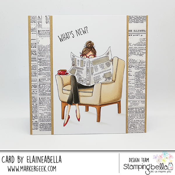 www.stampingbella.com: rubber stamp used: UPTOWN GIRL Nancy reads the newspaper, card by Elaine Hughes