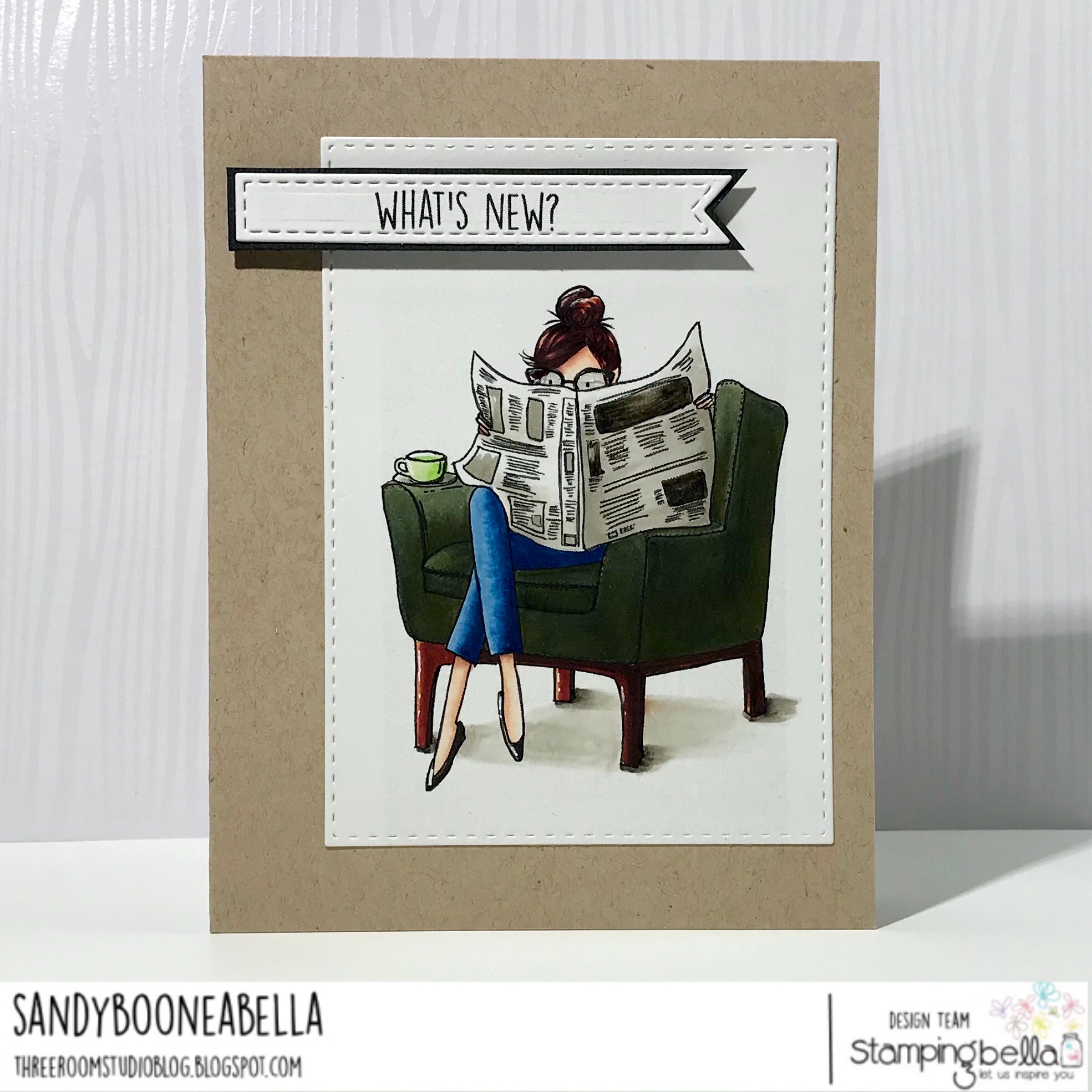 www.stampingbella.com: rubber stamp used: UPTOWN GIRL Nancy reads the newspaper, card by Sandy Boone