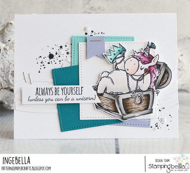 www.stampingbella.com: Rubber stamp used Rosie and Bernie UNDER THE SEA, Under the sea Backdrop, scribble and spill set and our Unicorn Sentiment set. Card by Inge Groot