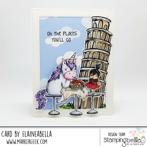 www.stampingbella.com: Rubber stamp used ROSIE AND BERNIE in ITALY, Adventure Sentiment set, Rosie and Bernie's Leaning Tower of Pisa Card by Elaine Hughes