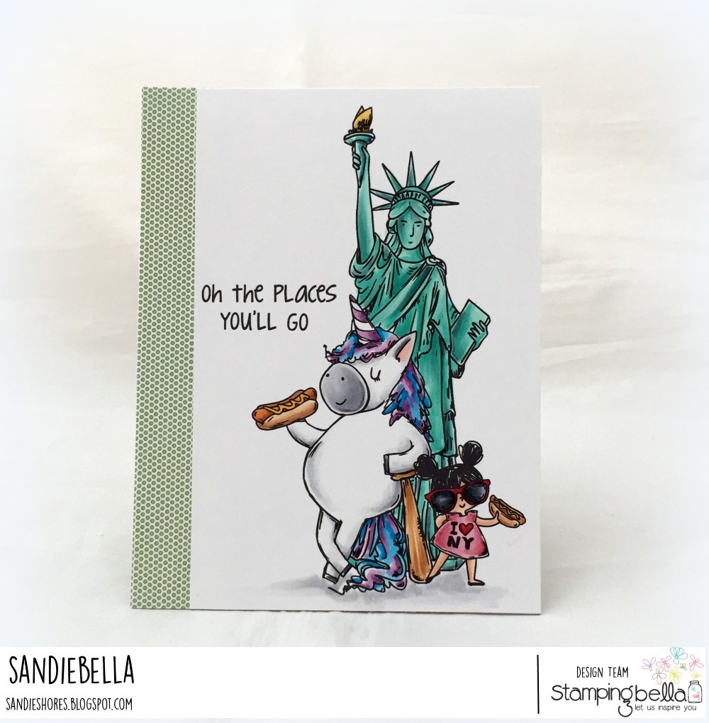 www.stampingbella.com: Rubber stamp used ROSIE AND BERNIE in NEW YORK CITY, ROsie and Bernie's Statue of Liberty , Adventure Sentiment set. Card by Sandie Dunne