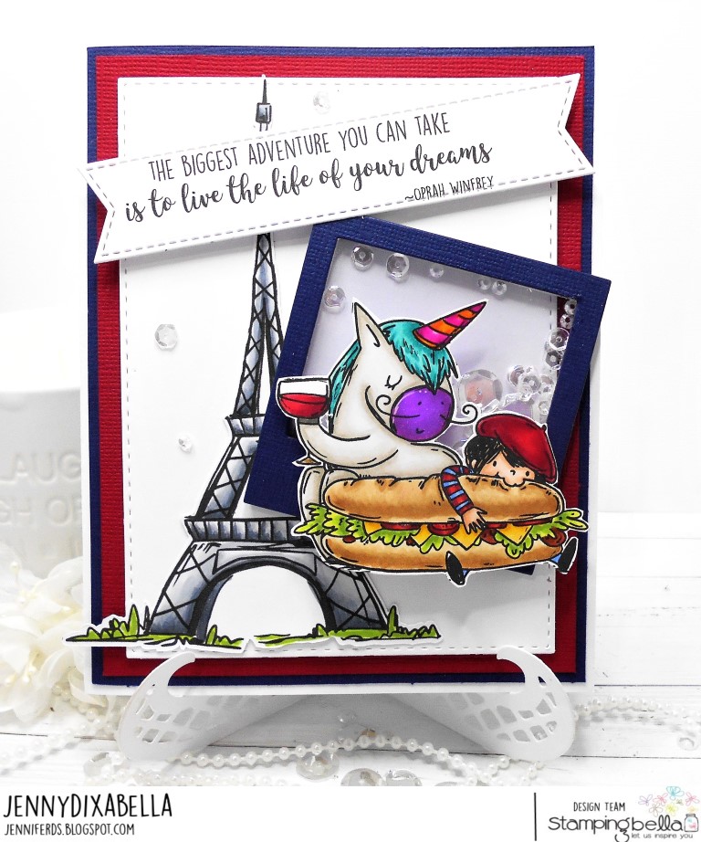 www.stampingbella.com: Rubber stamp used Rosie and Bernie in Paris, Rosie and Bernie's Eiffel Tower , Adventure Sentiment set. Card by Jenny Dix