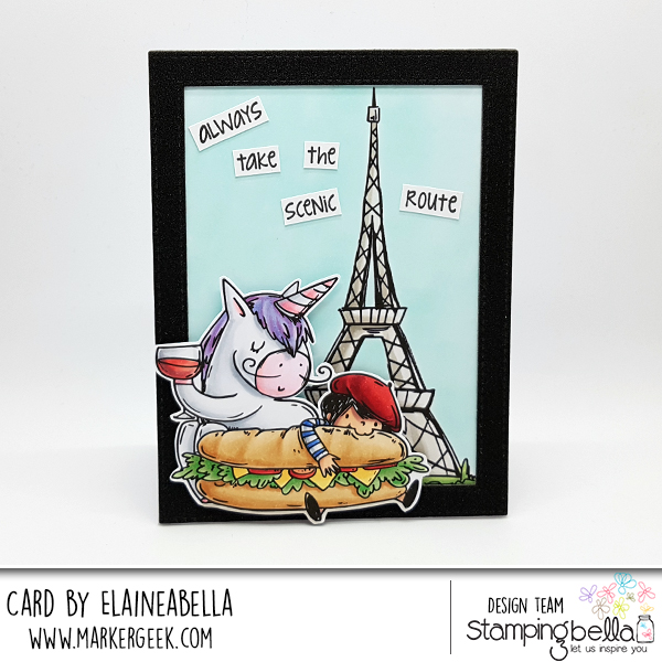 www.stampingbella.com: Rubber stamp used Rosie and Bernie in Paris, Rosie and Bernie's Eiffel Tower , Adventure Sentiment set. Card by Elaine Hughes