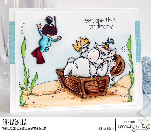 www.stampingbella.com: Rubber stamp used Rosie and Bernie UNDER THE SEA, Adventure sentiment set, Under the sea backdrop. Card By Michele Boyer