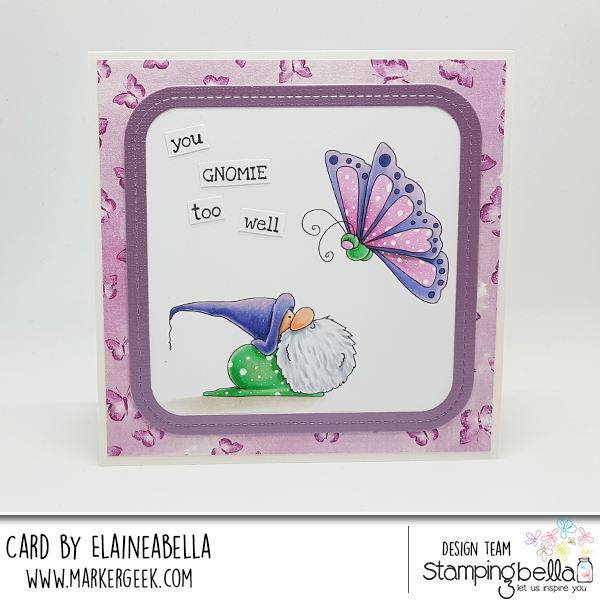 www.stampingbella.com: Rubber stamp: the GNOME and the BUTTERFLY card by Elaine Hughes