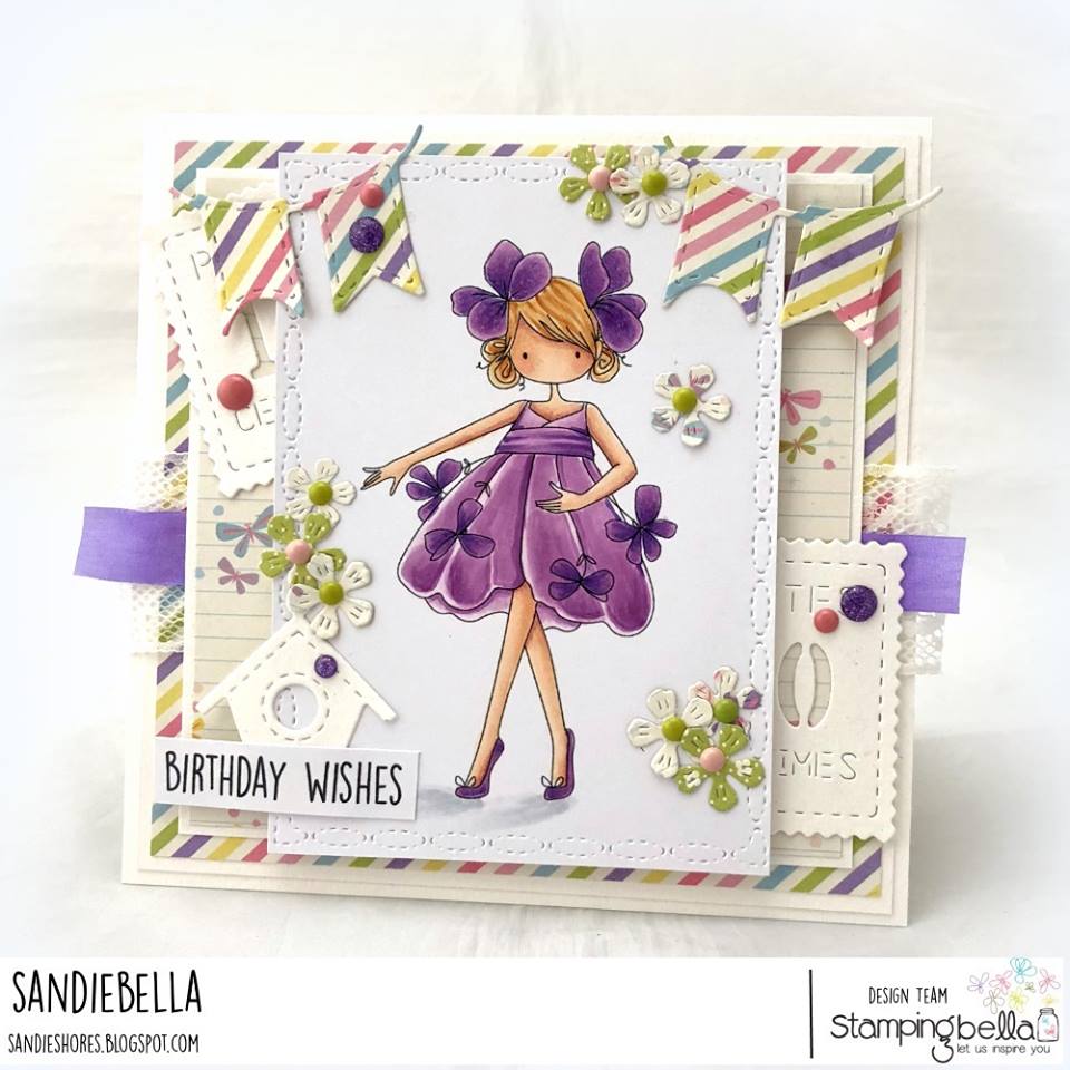 www.stampingbella.com: rubber stamp used: TINY TOWNIE GARDEN GIRL VIOLET card by Sandie Dunne