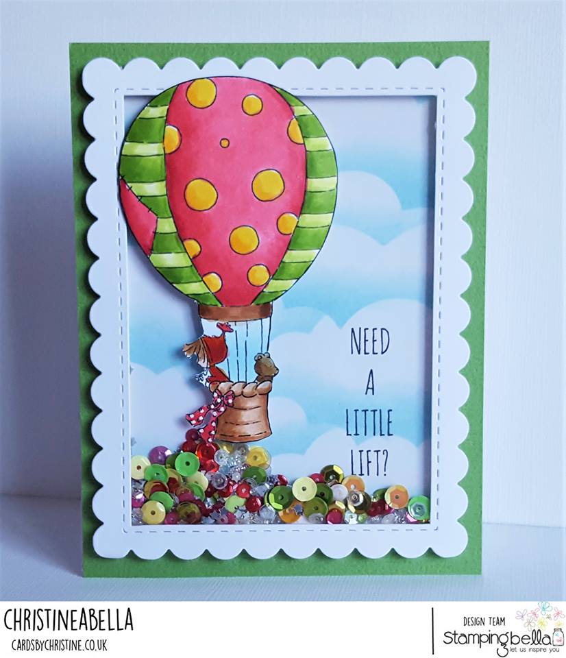 www.stampingbella.com: RUBBER STAMP USED RAMONA AND TEDDY in a balloon card by CHRISTINE LEVISON