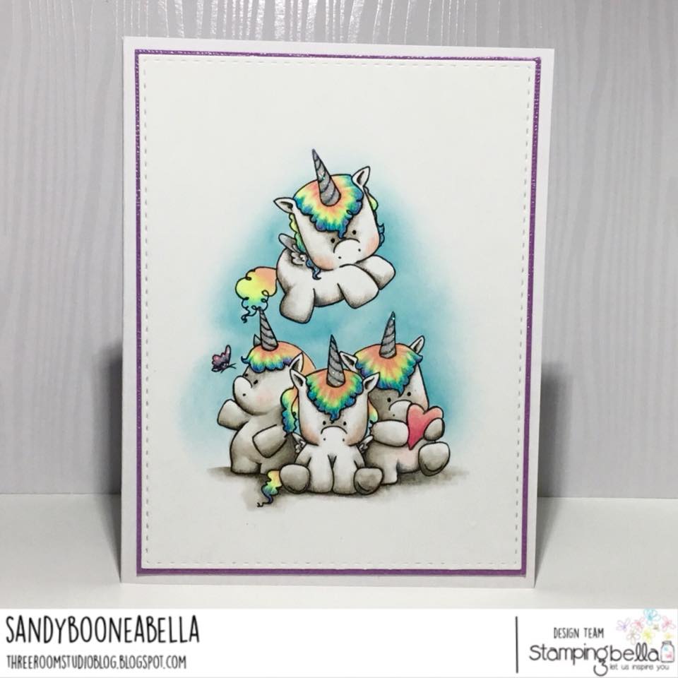 www.stampingbella.com: RUBBER STAMP USED SET OF UNICORNS card by SANDY BOONE