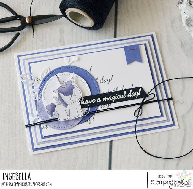 www.stampingbella.com: RUBBER STAMP USED SET OF UNICORNS card by INGE GROOT