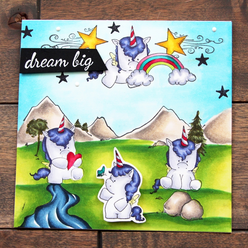 www.stampingbella.com:  Rubber stamps used: Set of Unicorns, Cave Kids BACKDROP, Unicorn Add ons and Unicorn sentiment set.  Card made by Stephanie Beauchemin