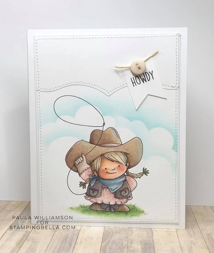 www.stampingbella.com: rubber stamp used: COWGIRL  SQUIDGY, card made by Paula Williamson