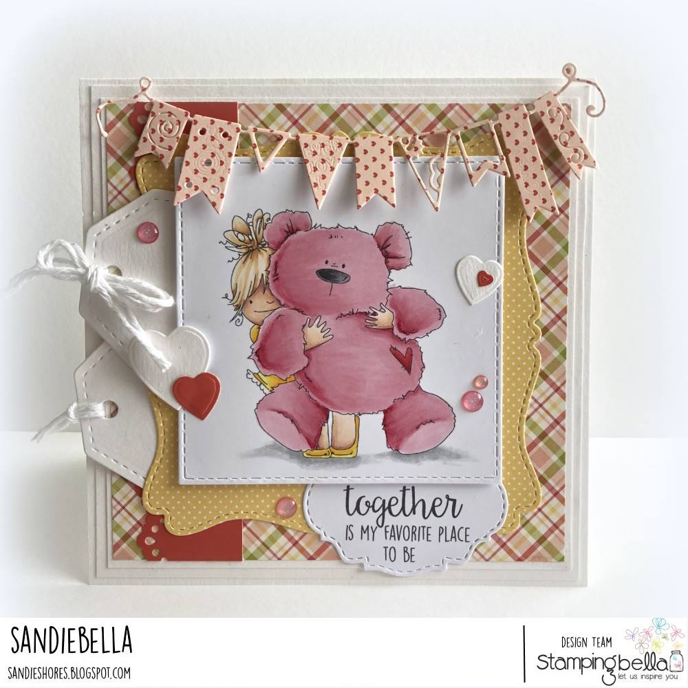 www.stampingbella.com: rubber stamp used: SQUIDGY AND TEDDY, card made by Sandie Dunne