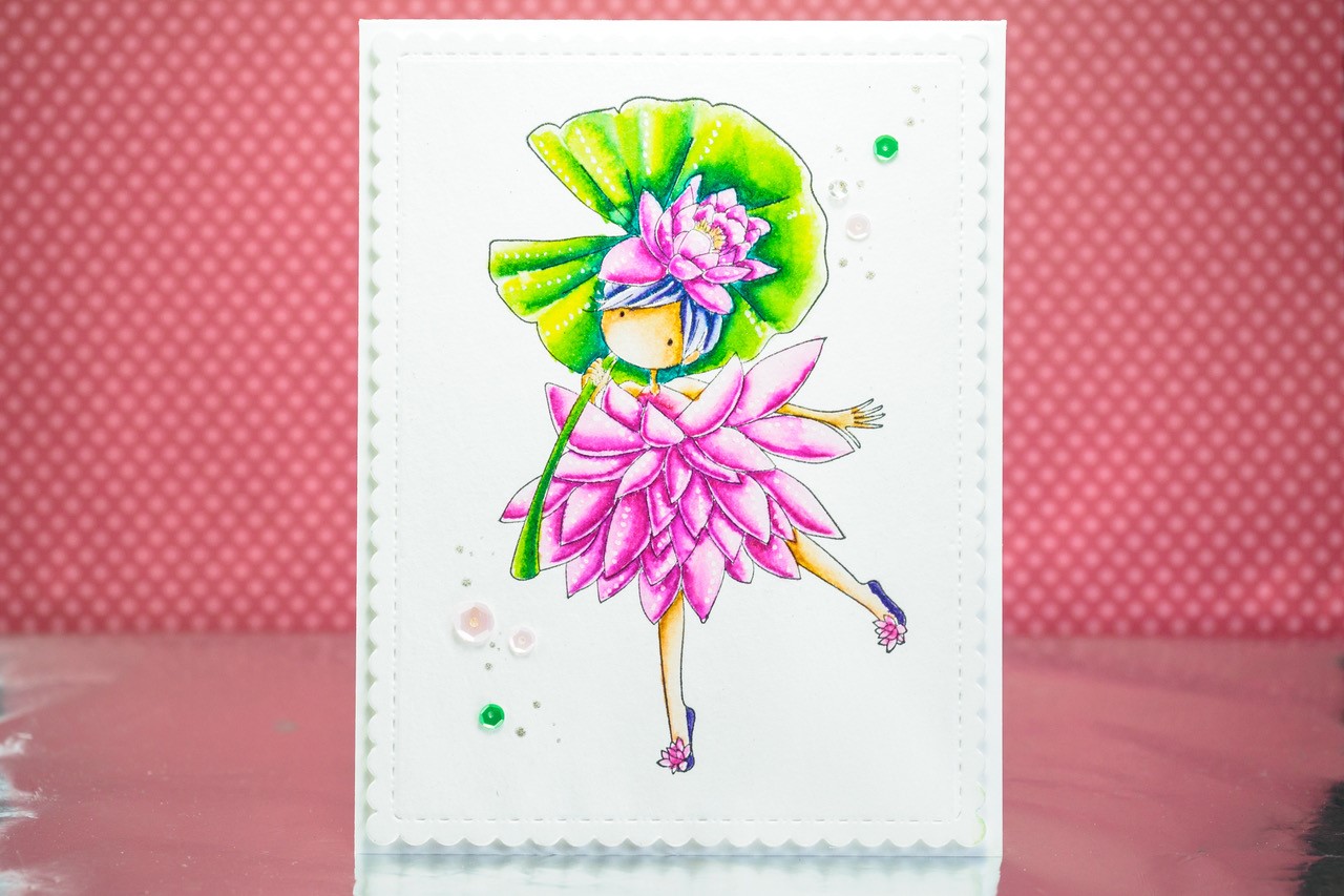 www.stampingbella.com: rubber stamp used: TINY TOWNIE GARDEN GIRL WATER LILY card by Julia Altermann