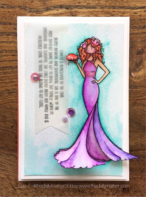 www.stampingbella.com: rubber stamp used: UPTOWN ZODIAC GIRL CANCER, card by Kathy Racoosin