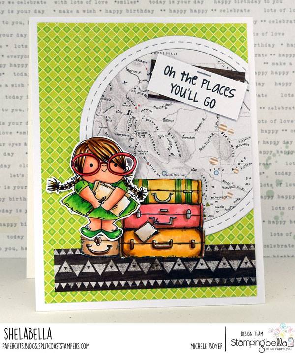 www.stampingbella.com- rubber stamp used: SQUIDGY PALS and the luggage from ROSIE AND BERNIE PLAN A TRIP  Card by Michele Boyer