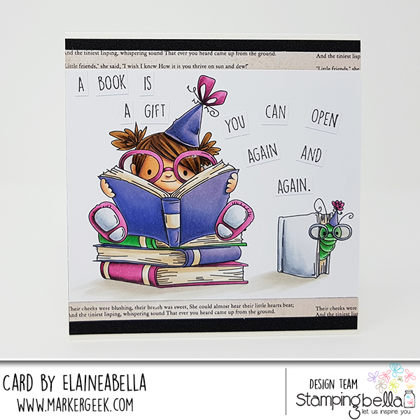 www.stampingbella.com: rubber stamp: BOOKWORM SQUIDGY, card by Elaine Hughes