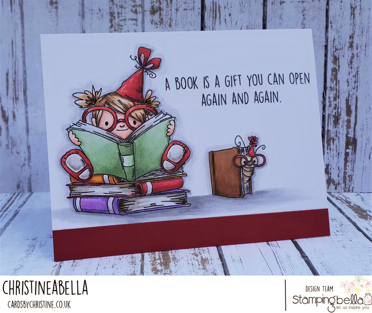 www.stampingbella.com- rubber stamp used: BOOKWORM SQUIDGY.  Card by Christine Levison