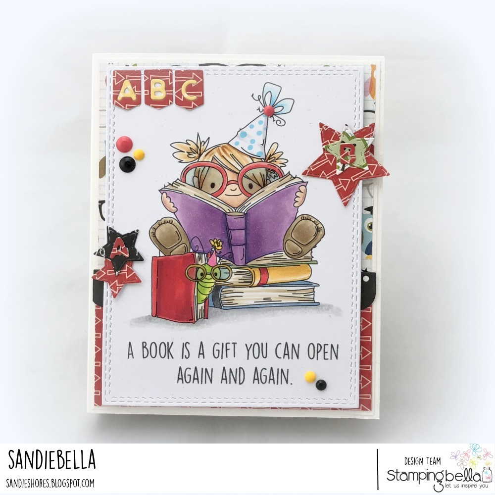 www.stampingbella.com: rubber stamp: BOOKWORM SQUIDGY, card by Sandie Dunne