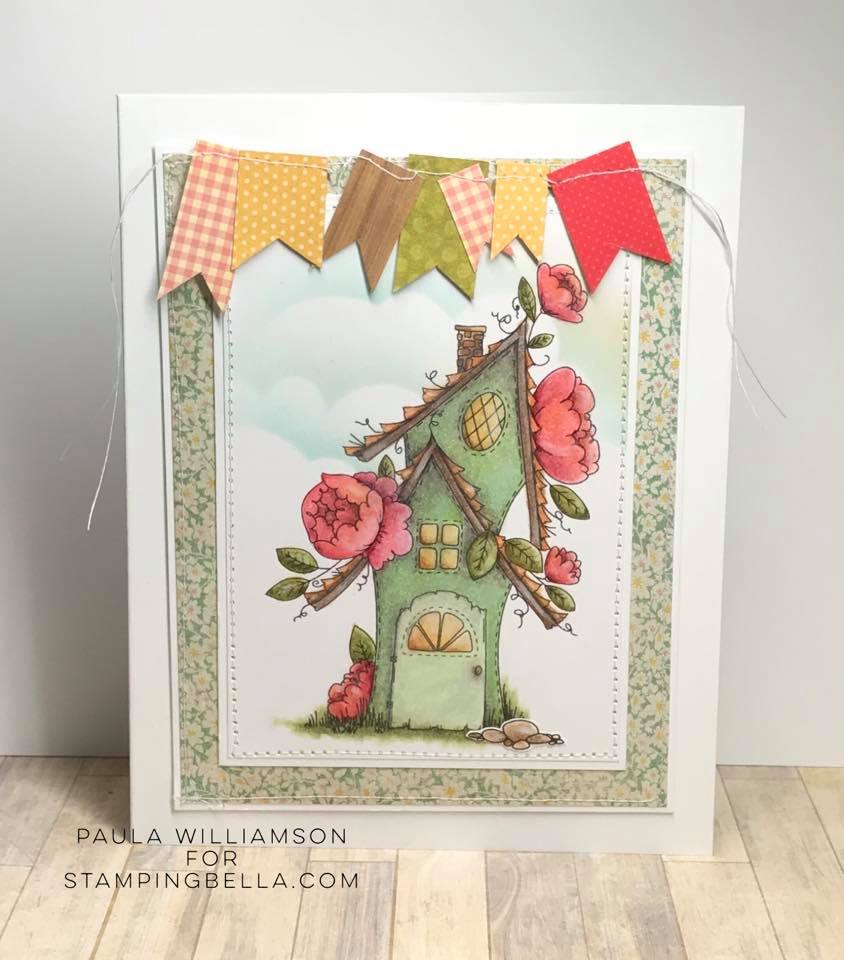 www.stampingbella.com: rubber stamp used: FAIRY GARDEN FAIRY HOUSE.  Card by Paula Williamson