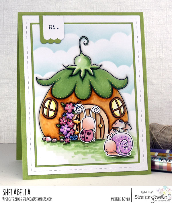 www.stampingbella.com: rubber stamp: THE LITTLES FAIRY HOUSE, LITTLE BITS LITTLE CRITTERS card by MICHELE BOYER