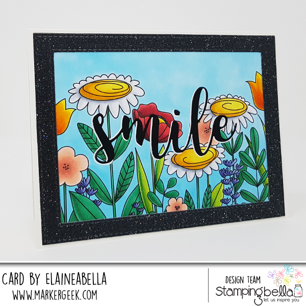 www.stampingbella.com: rubber stamp: FLORAL FOREST BACKDROP, SMILE "CUT IT OUT" DIE card by ELAINE HUGHES