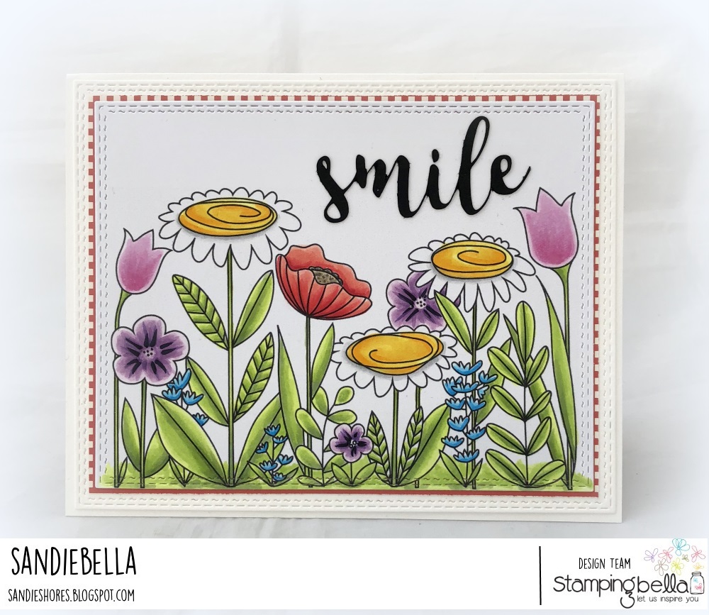 www.stampingbella.com: rubber stamp: FLORAL FOREST BACKDROP, SMILE "CUT IT OUT" DIE CARD BY SANDIE DUNNE