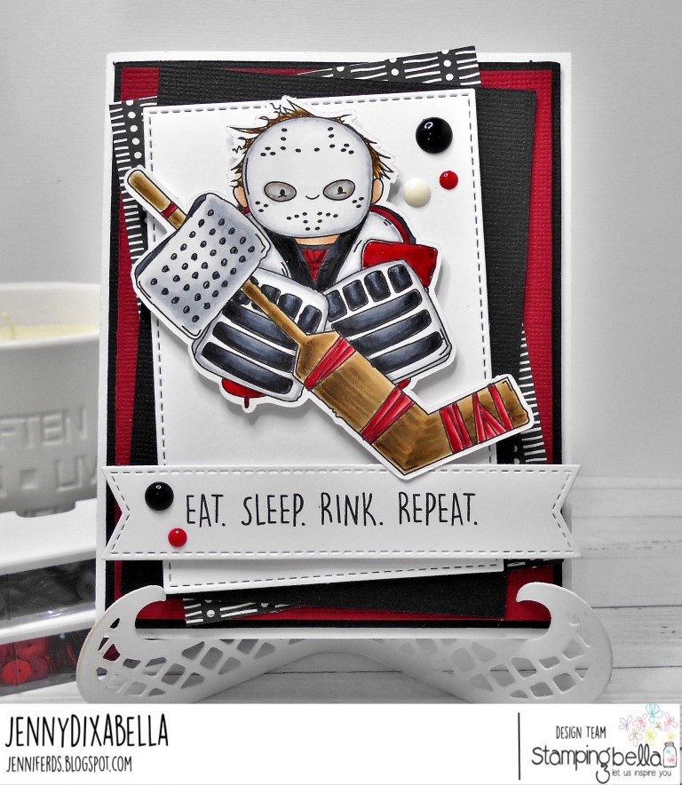 www.stampingbella.com: rubber stamp: GOALIE SQUIDGY, card by Jenny Dix